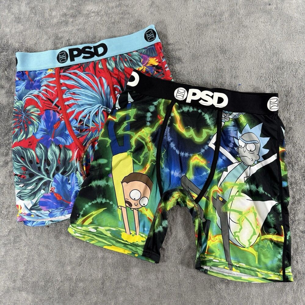 PSD Men’s Medium Boxer Brief Lot Of 2 Rick And Morty Tropical Palm Tree 7”